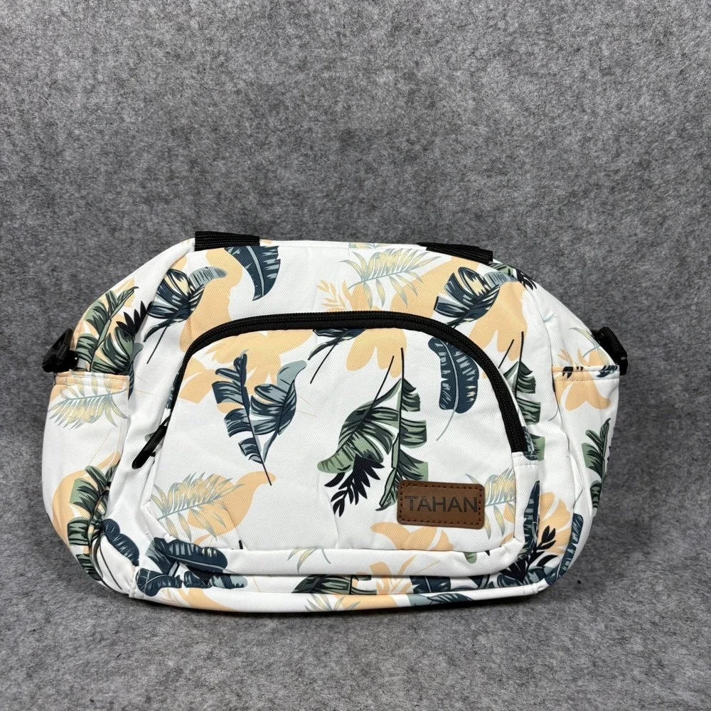 Tahan Tropical Leaf Insulated Lunch‎ Bag Medium White Floral Crossbody Strap